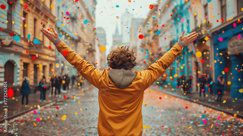 Joyful person celebrating with arms raised on a vibrant city street with colorful confetti falling around.