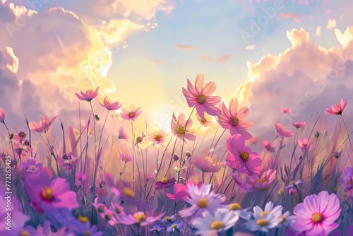 Field of Pink and White Flowers Under Cloudy Sky