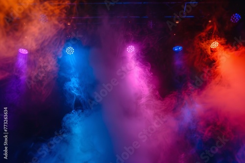 Night light club colors spotlight stage smoke design. Generative Ai