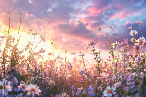 Field of Purple and White Flowers Under Cloudy Sky