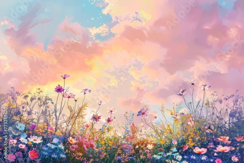 Field of Flowers Under Cloudy Sky © BrandwayArt