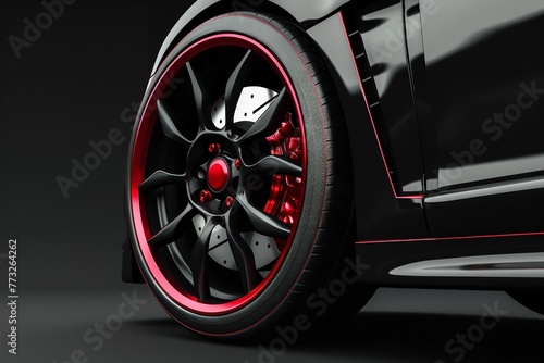 On a dark backdrop, a car wheel with red brakes. Generative Ai