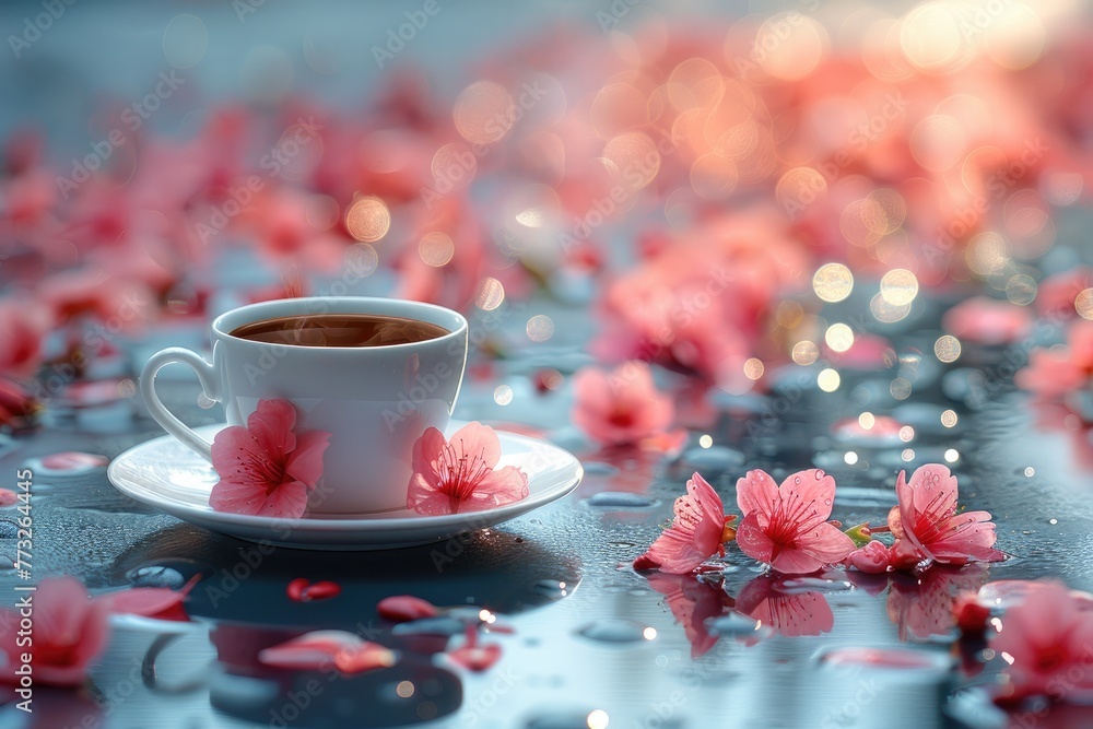 Cup of coffee and cookies in the morning sun with sakura professional advertising food photography Cup of coffee and cookies in the morning sun with sakura professional advertising food photography