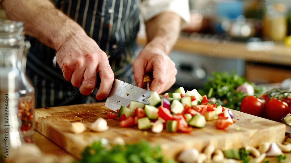 A chef chopping ingredients on a wooden chopping block.