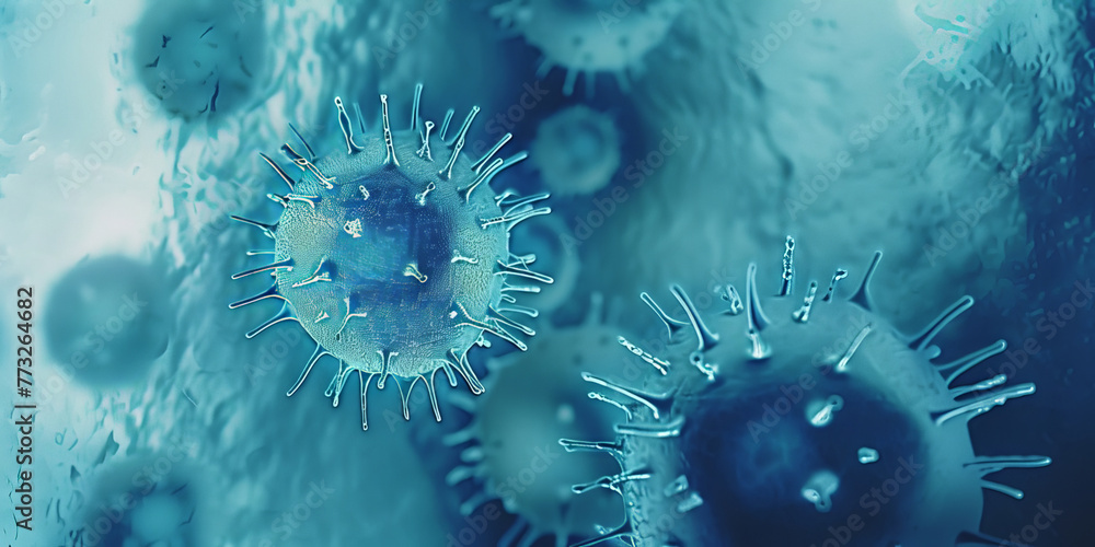 virus cells, human cells, close up of bacteria and virus cells in a scientific microscopic laboratory. virus cells, human cells, close up of bacteria and virus cells in a scientific microscopic laboratory.