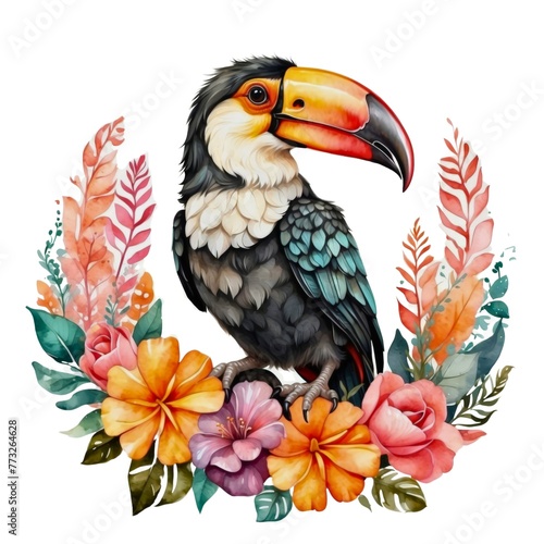 Watercolor illustration portrait of a cute adorable colorful tropical toucan bird with flowers on isolated white background. 