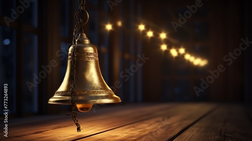 Golden Bell on a Wooden Background with Beautiful Lighting