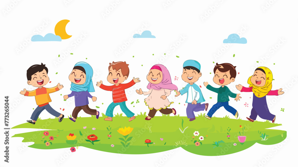 Happy cartoon Muslim Kids playing in the park flat vector