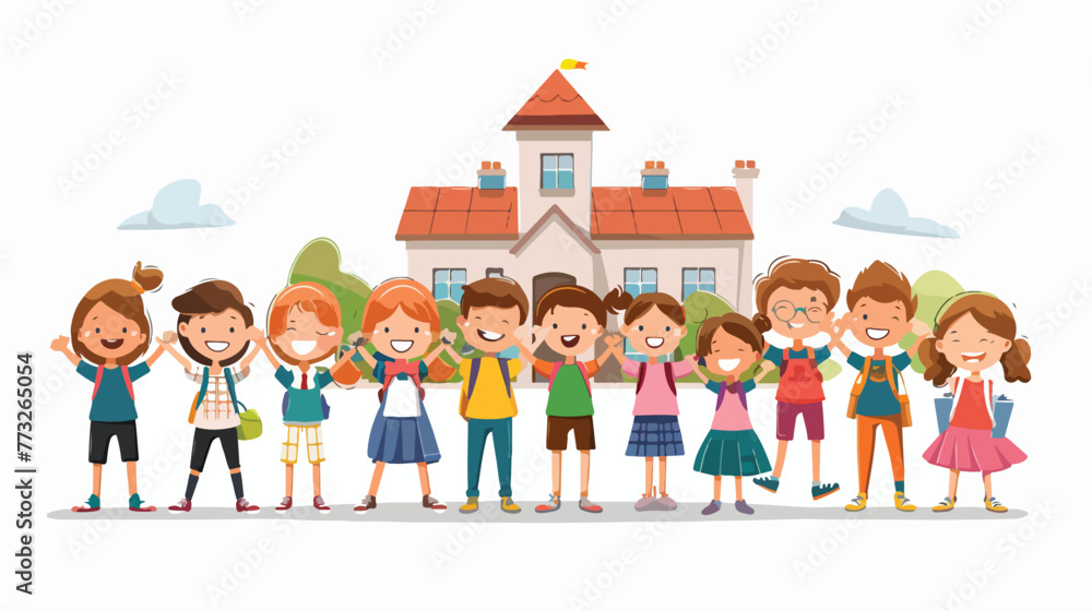 Happy cartoon school children in front of the school