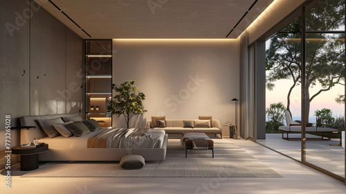 modern apartment bedroom, bedroom, bed, room, interior, hotel, home, furniture, house, design, luxury, window, apartment, lamp, pillow, wall, architecture, comfortable, decor, light, carpet © Pana