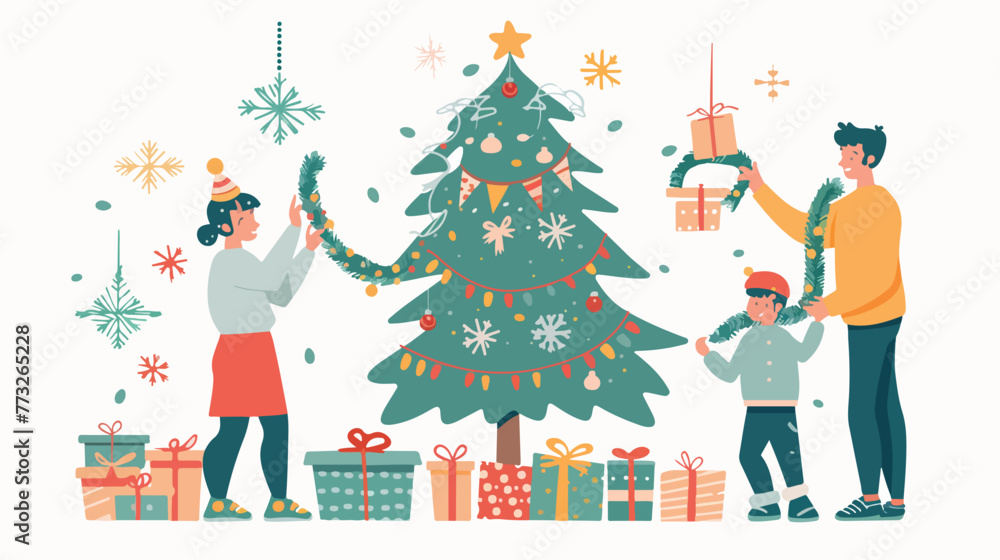 Happy child dresses up Christmas tree. Boy unwinds ga - obrazy, fototapety, plakaty 
