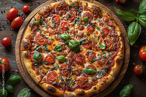 a pizza with vegetables and tomato garnishes on a wooden dish. Generative AI