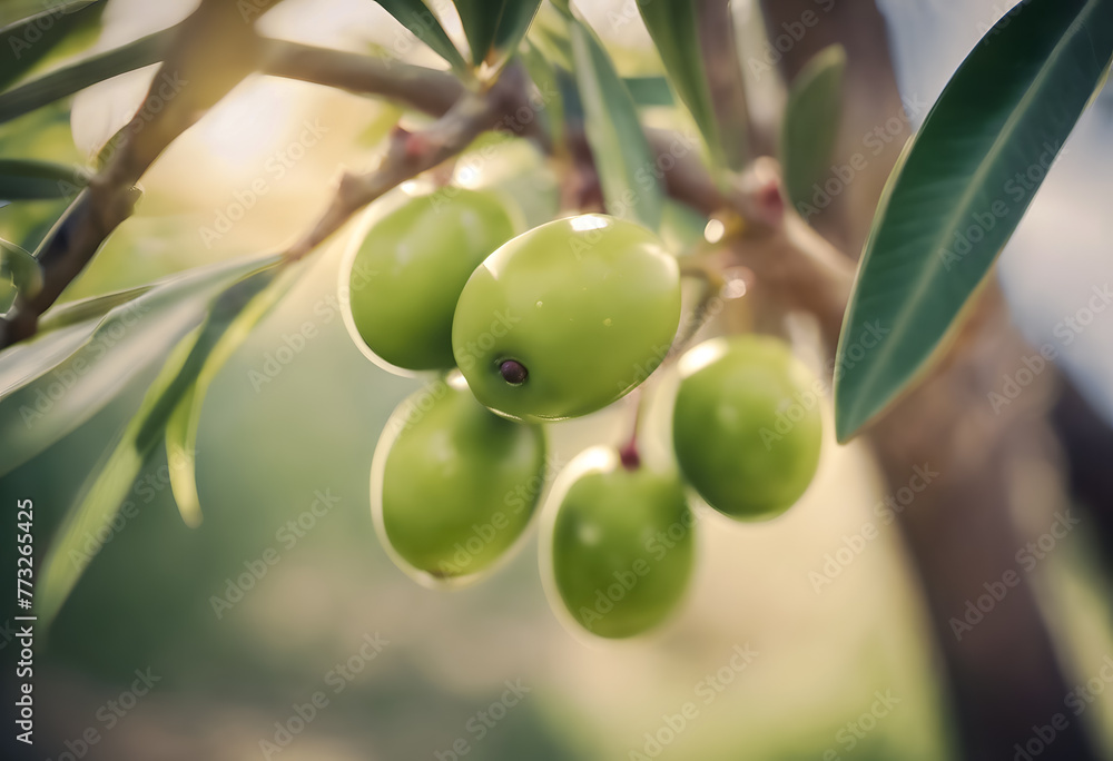 Green olives hanging on a branch with leaves, with a soft-focus background in warm sunlight. Green olives hanging on a branch with leaves, with a soft-focus background in warm sunlight.