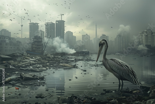 oiseau au bord de l'eau au milieu de déchets et de plastique - Les animaux souffrent de la pollution - pollution et fin du monde photo