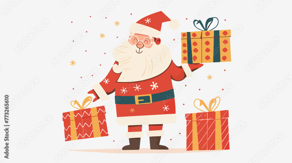 Happy Santa with presents flat vector isolated on white
