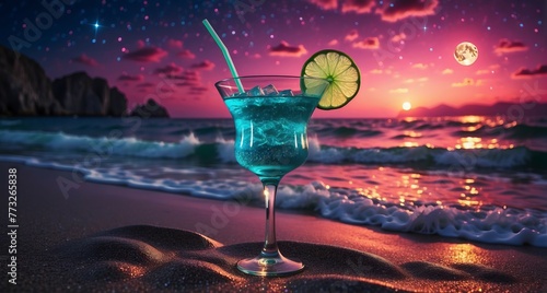 Glass with blue drink on seascape background
