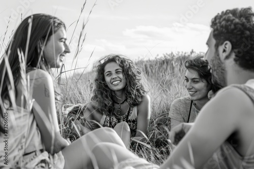 Friends sitting in the grass, sharing stories and laughter under the summer sky.