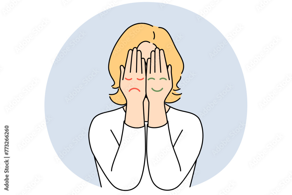Woman cover face with hands with emojis of different mood states. Female suffer from bipolar disorder or mood swings. Psychological problem. Vector illustration. Woman cover face with hands with emojis of different mood states. Female suffer from bipolar disorder or mood swings. Psychological problem. Vector illustration.