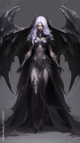 girl devil in the hood with horns, long white hair, and large black wings, with bleeding purple eyes, armor dressed, and angry expressions on her face, character fantasy, the devil women