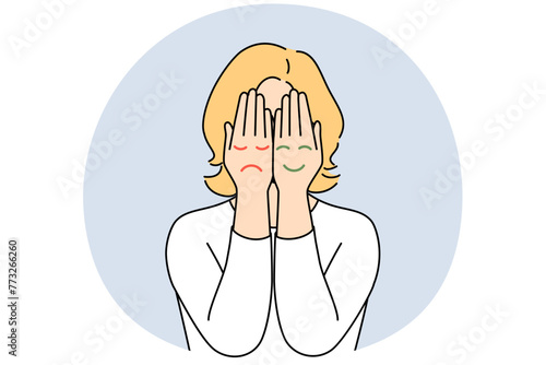 Woman cover face with hands with emojis of different mood states. Female suffer from bipolar disorder or mood swings. Psychological problem. Vector illustration.