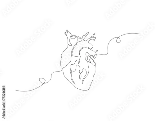 Continuous one line drawing of human heart organ. One line of anatomical human heart. Medical internal concept continuous line art. Editable outline.
