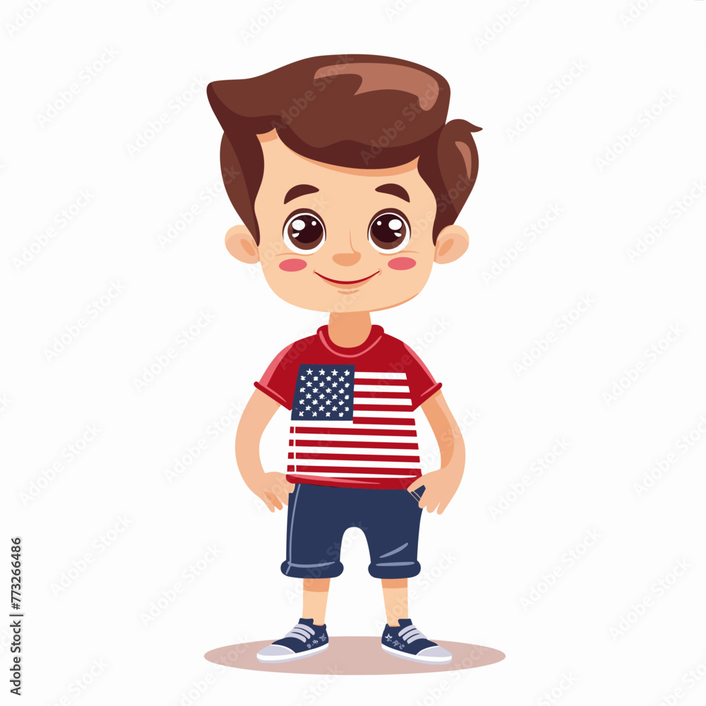 Obraz premium Cute little boy with American flag. Vector illustration in cartoon style