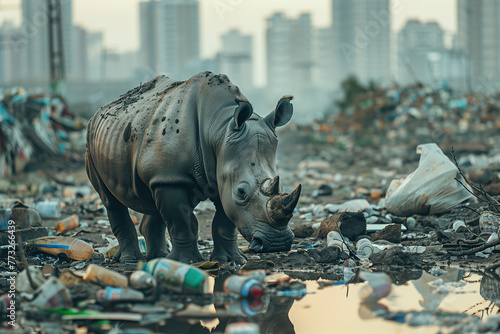 Rhinocéros au milieu d'une décharge de déchets devant une ville - Les animaux souffrent de la pollution - pollution et fin du monde