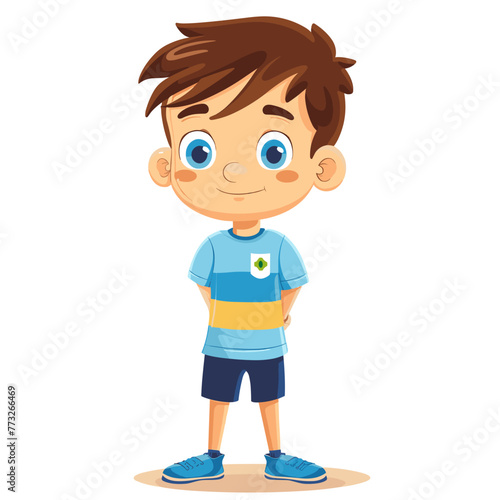 Cute little boy with Brazilian flag on his t-shirt. Vector illustration.