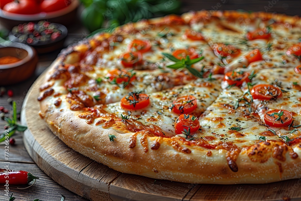 pizza on a wooden table next to spices, in the style of colorful and bold. generative AI pizza on a wooden table next to spices, in the style of colorful and bold. generative AI