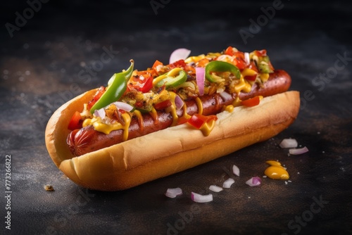 Hearty hot dog on a slate plate against an aged metal background