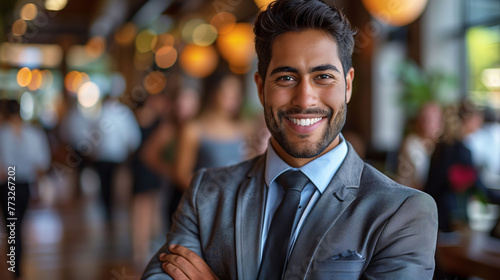 Confident businessman smiling in a busy modern restaurant.