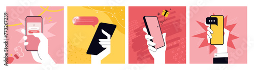 Hand holding and using mobile phone. Set of vector illustrations for graphic and web design of business, technology, marketing and social media banners and presentations, smartphone services and apps.