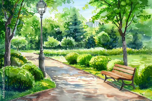 Watercolor of a serene park scene with a bench, lamp post, lush greenery, and winding path invites relaxation