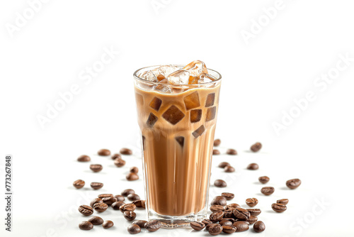 Iced coffee on glass with roasted coffee beans isolated white background.