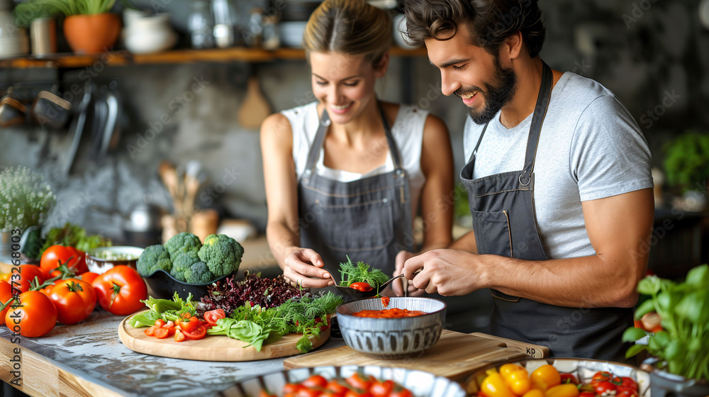 Happy couple preparing healthy salad with fresh vegetables in a rustic kitchen setting.