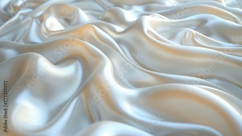 3D render beautiful folds of white silk in full screen, like a beautiful clean fabric background. Simple soft background with smooth folds like waves on a liquid surface