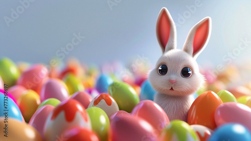 Rabbit among Easter eggs in a field with a soft-focus, sunlit background.. Beautiful simple AI generated image in 4K, unique.