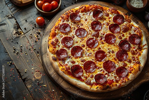 Delicious and tasty pepperoni pizza on wooden. Generative AI