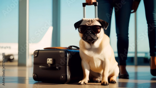Traveling with pets Concept. Cute pug Dog in sunglasses at the airport terminal waiting vacation. transportation of animals for holiday or emigration © Yekatseryna