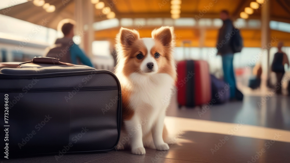 Traveling with pets Concept. Dog at the airport terminal waiting vacation. transportation of animals for holiday or emigration Traveling with pets Concept. Dog at the airport terminal waiting vacation. transportation of animals for holiday or emigration