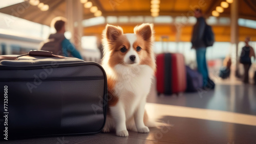 Traveling with pets Concept. Dog at the airport terminal waiting vacation. transportation of animals for holiday or emigration