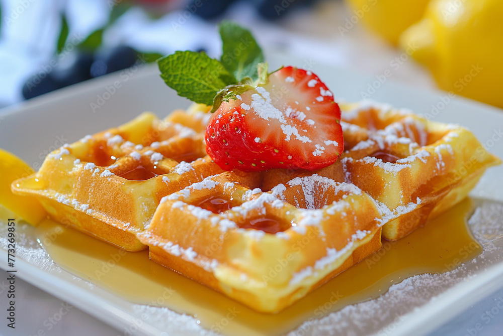 Close up of wheat Belgium waffle topped with freshly chopped strawberries. Close up of wheat Belgium waffle topped with freshly chopped strawberries.
