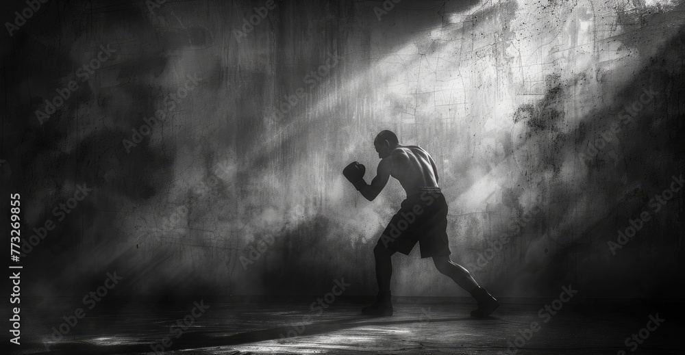 A dramatic black and white image capturing the silhouette of a focused boxer training in a smoky gym, emanating strength and determination.