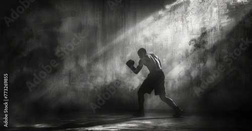 Obraz na płótnie A dramatic black and white image capturing the silhouette of a focused boxer training in a smoky gym, emanating strength and determination. w salonie