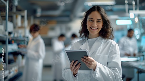 Confident female scientist with tablet computer in modern laboratory. Professional, focused, innovation in science and technology research. AI