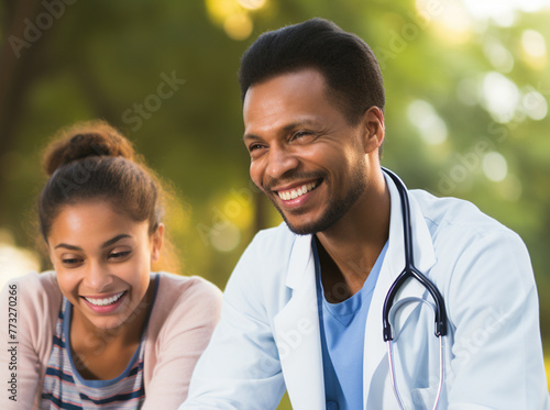 a man and a woman smiling with a stethoscope around their neck. generativa IA