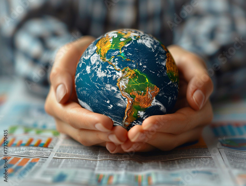 A person is holding a globe in their hands. The globe is surrounded by a newspaper with various graphs and numbers. Concept of the importance of understanding global issues