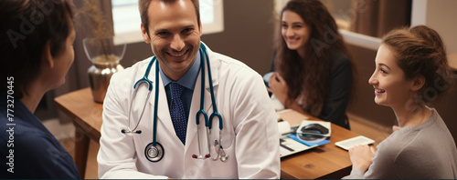 a doctor with a stethoscope on his neck sits at a desk with a woman in the background. generativa IA