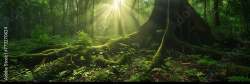 panorama banner background of tropical forest landscape scene for using in concept of environmental ecology and sustainable energy or Earth day, wild wood scenic using for wallpaper of spa and touris photo