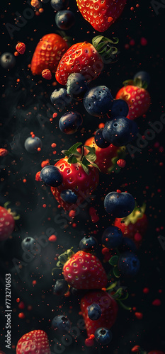 Including berry illustrations, black background, generative ai